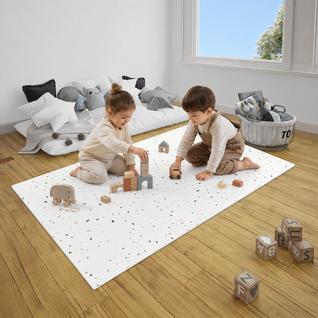 White Pebble-Style Kids' Play Mat: A Clean and Imaginative Play Space for Your Little One