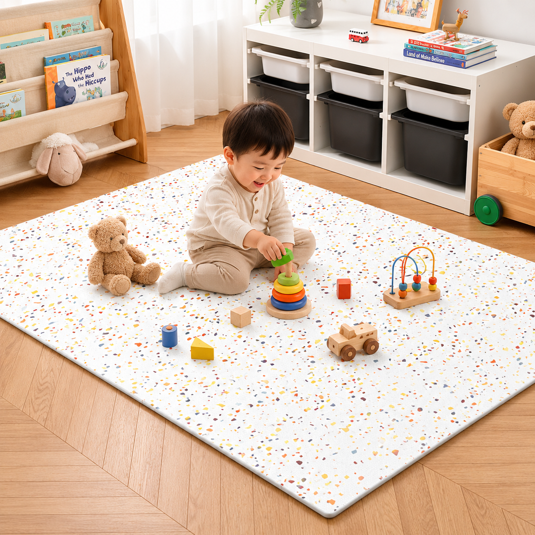 Create a Warm and Healing Kids' Room – The Gentle Touch of the Beige Terrazzo Puzzle Play Mat