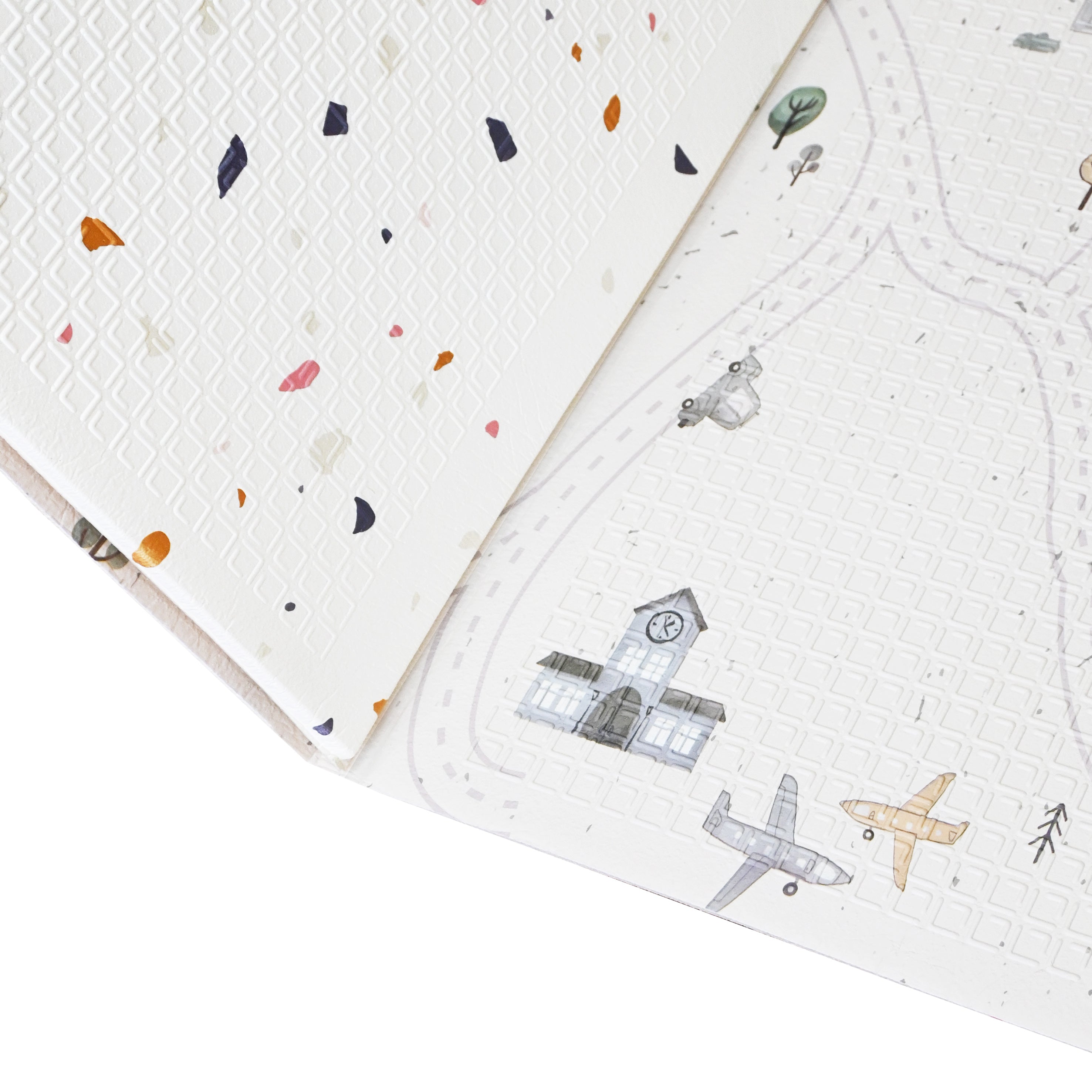 XPE Foldable Play Mat White Terrazzo + Beige Train Track
