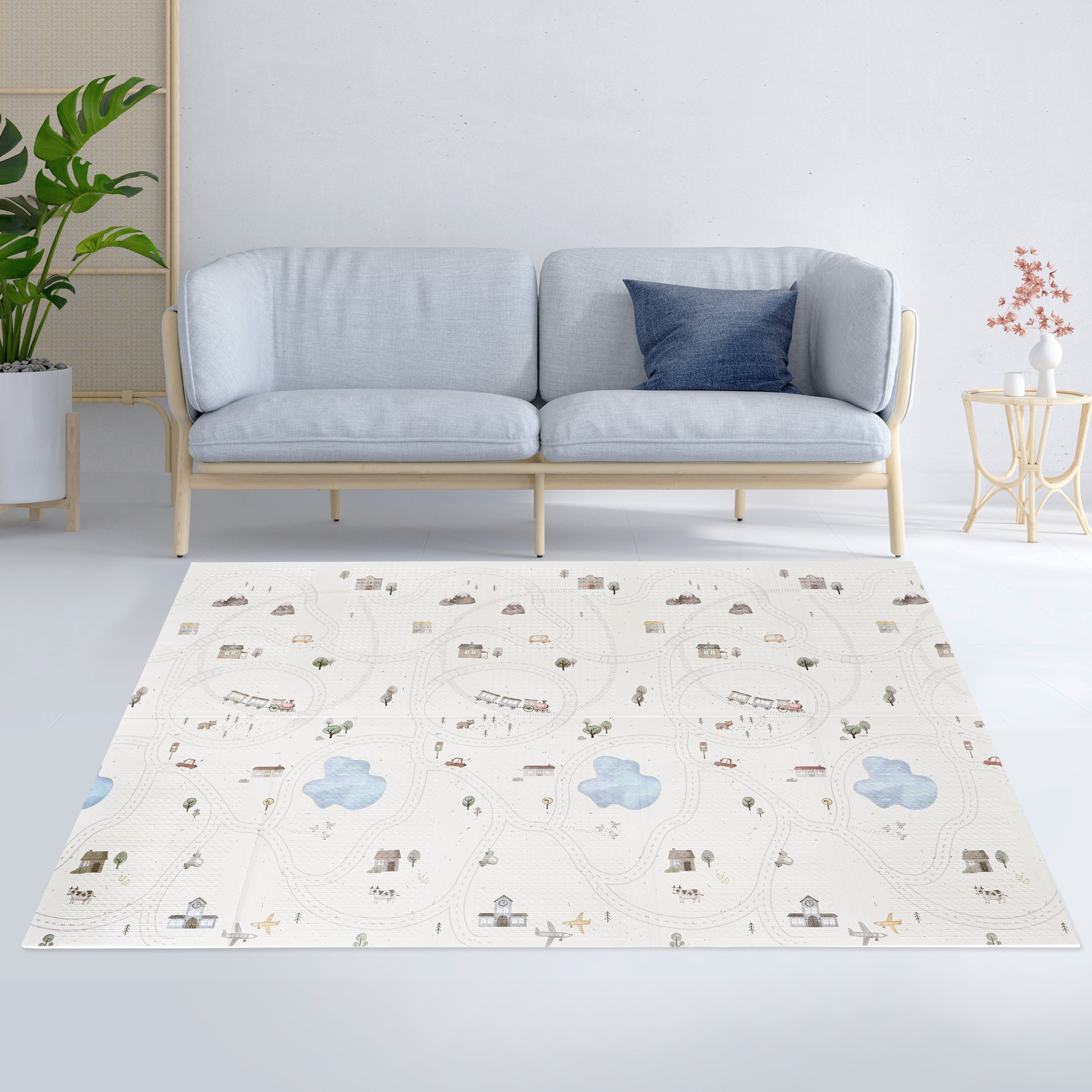 XPE Foldable Play Mat White Terrazzo + Beige Train Track