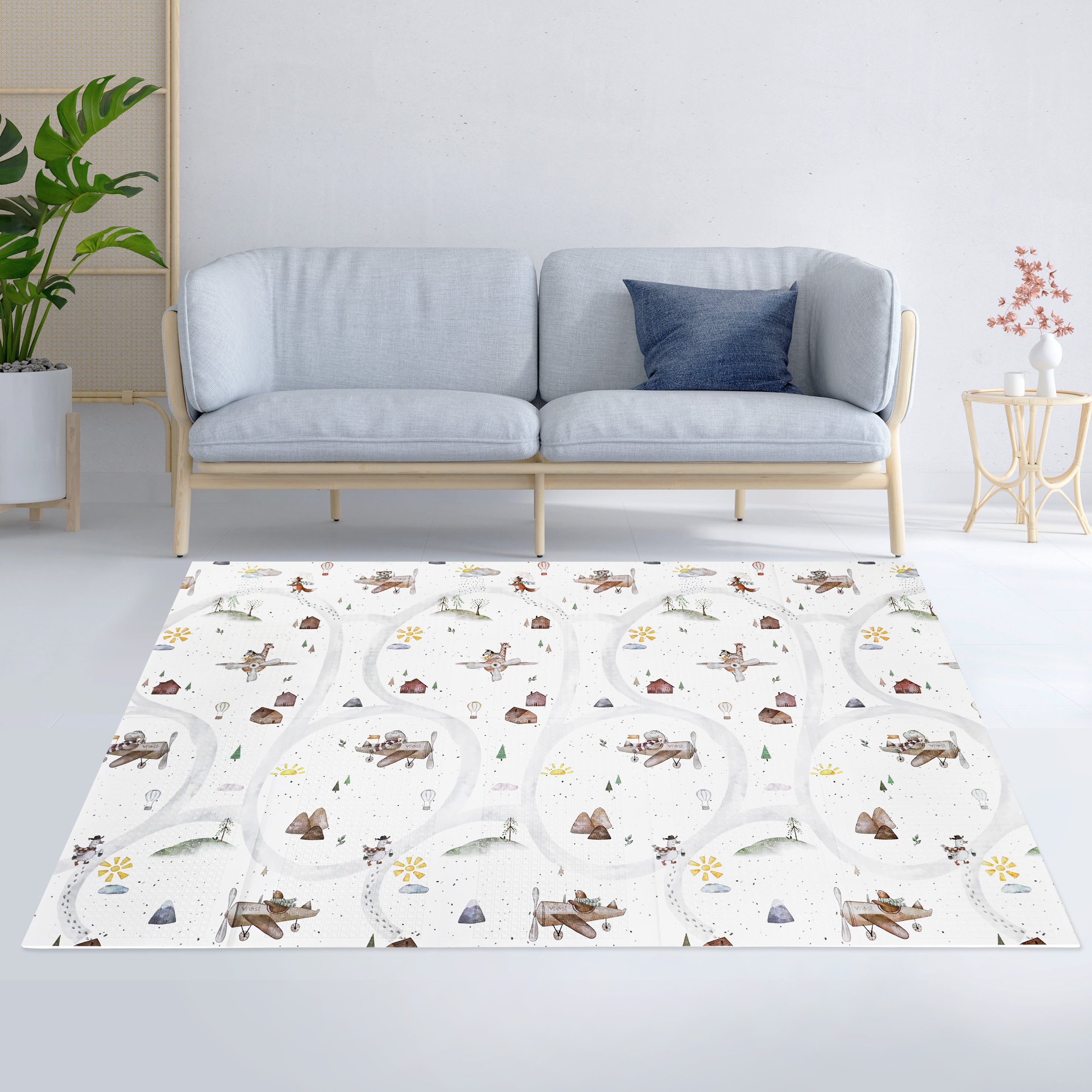 XPE Foldable Play Mat Brown Terrazzo + White Airplane Track