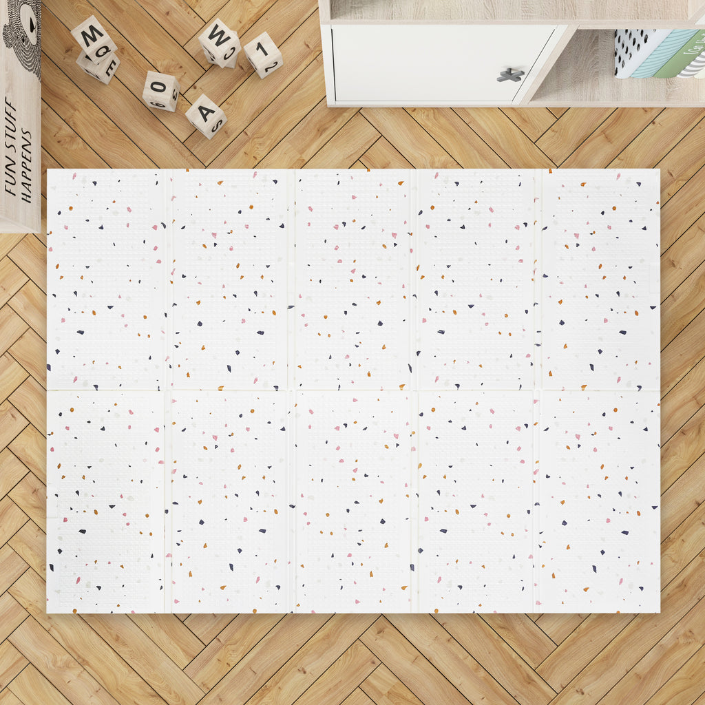XPE Foldable Play Mat White Terrazzo + Beige Train Track