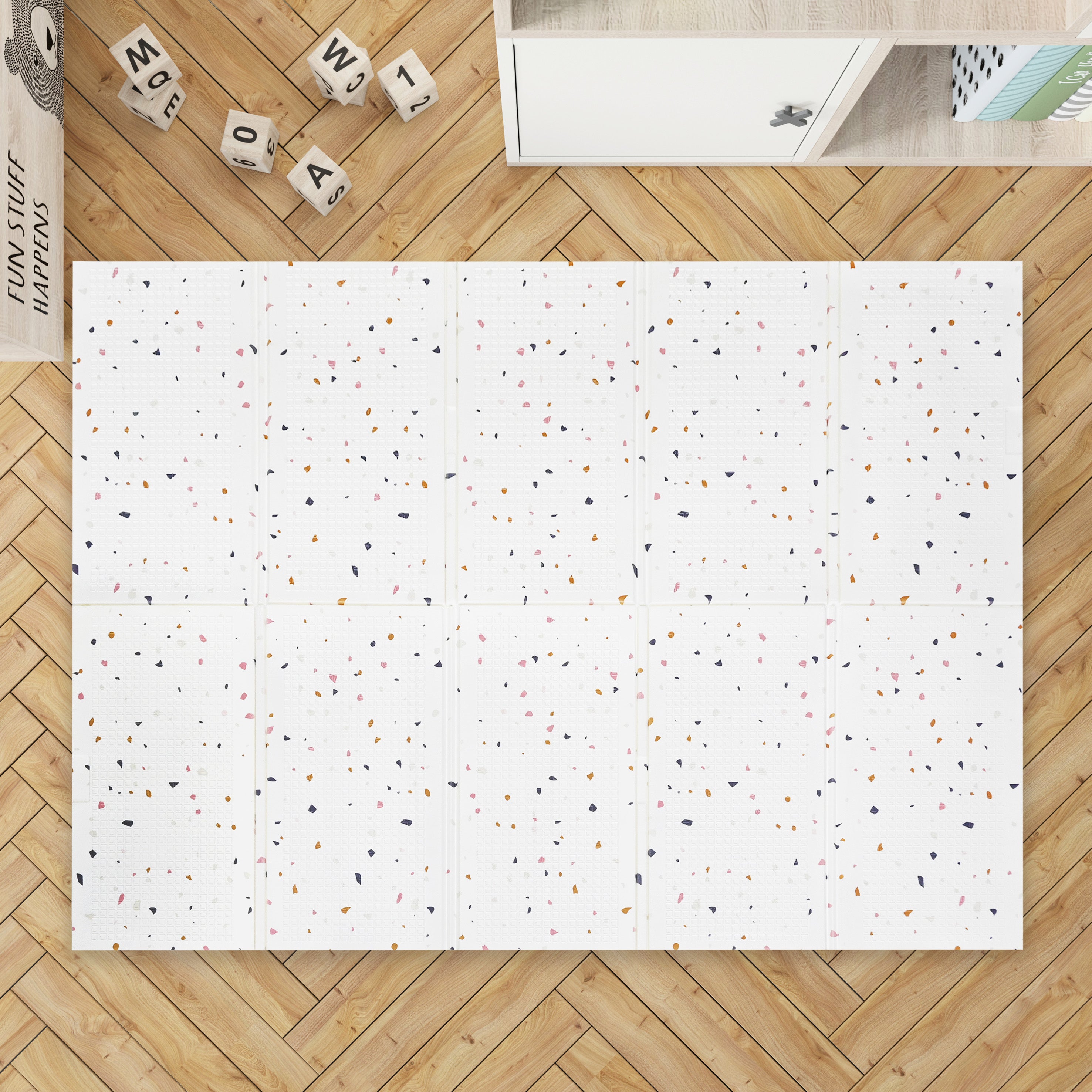 XPE Foldable Play Mat White Terrazzo + Beige Train Track