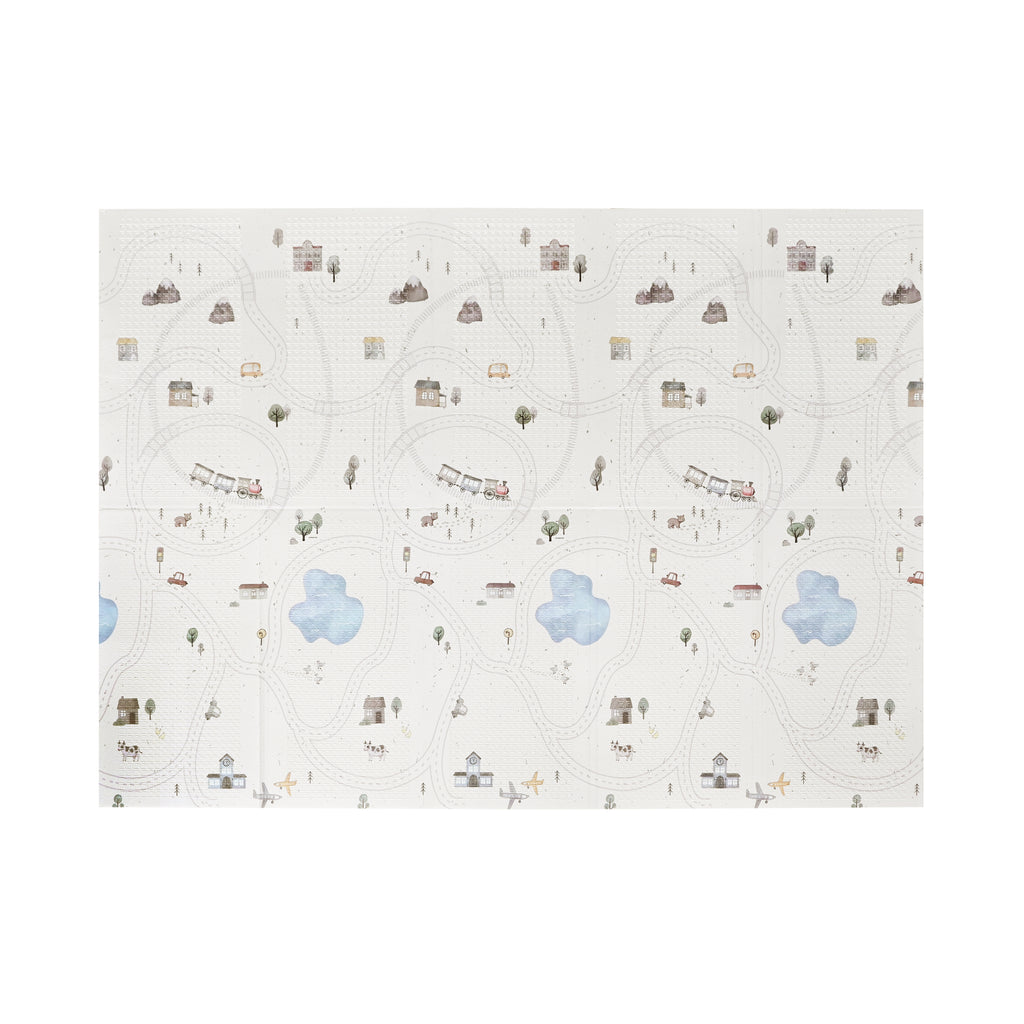 XPE Foldable Play Mat White Terrazzo + Beige Train Track