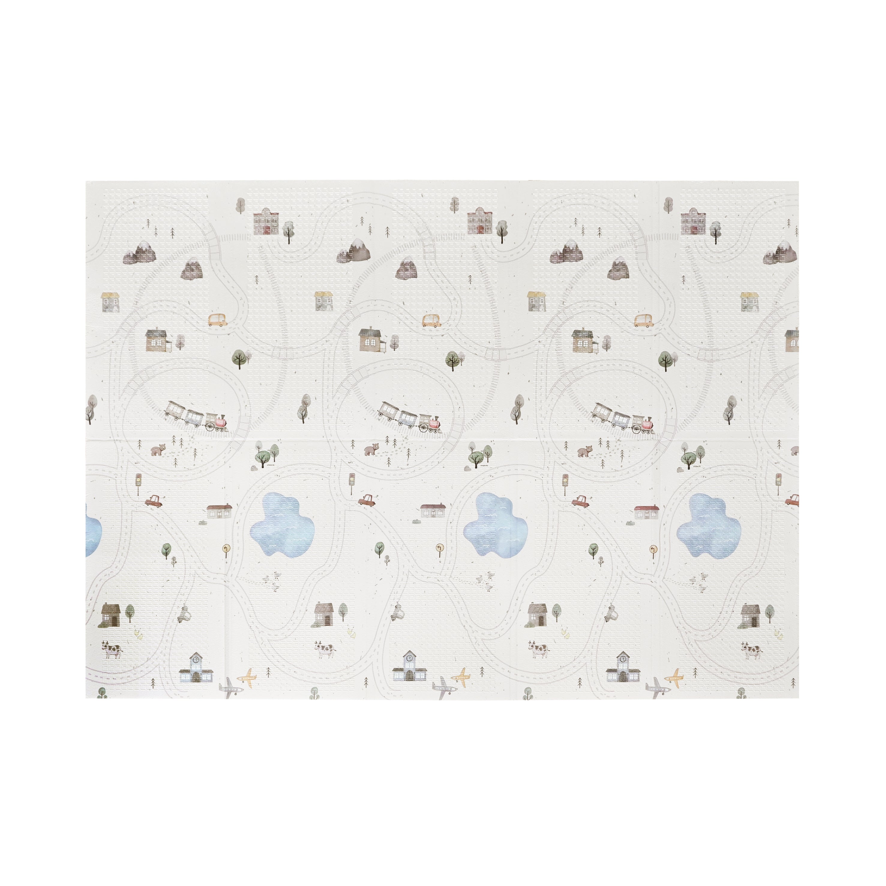 XPE Foldable Play Mat White Terrazzo + Beige Train Track