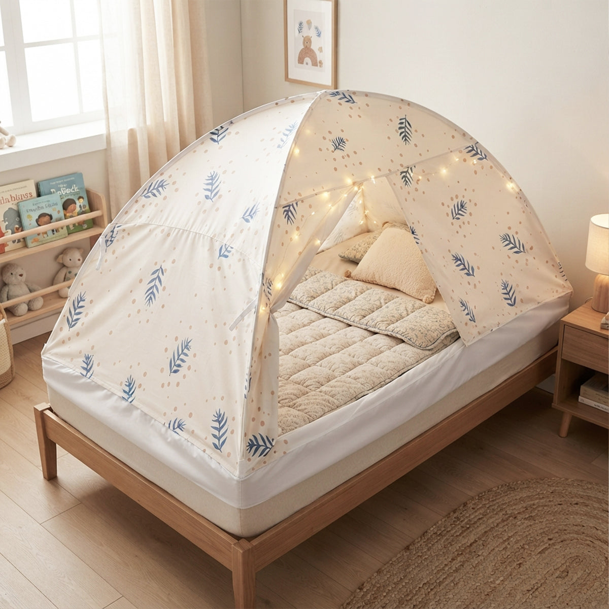 Bed Tent Canopy - Blue Botanical Leaf