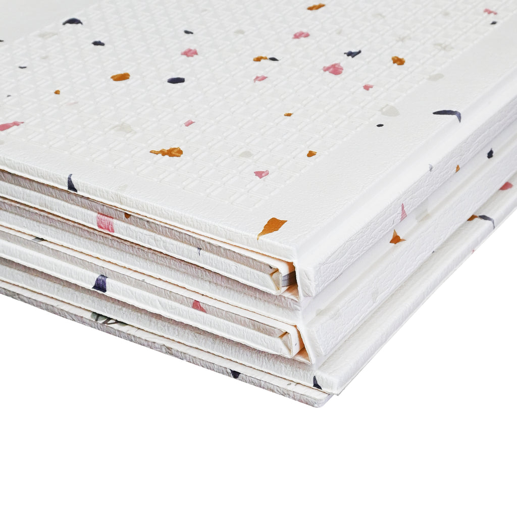 XPE Foldable Play Mat White Terrazzo + Beige Train Track