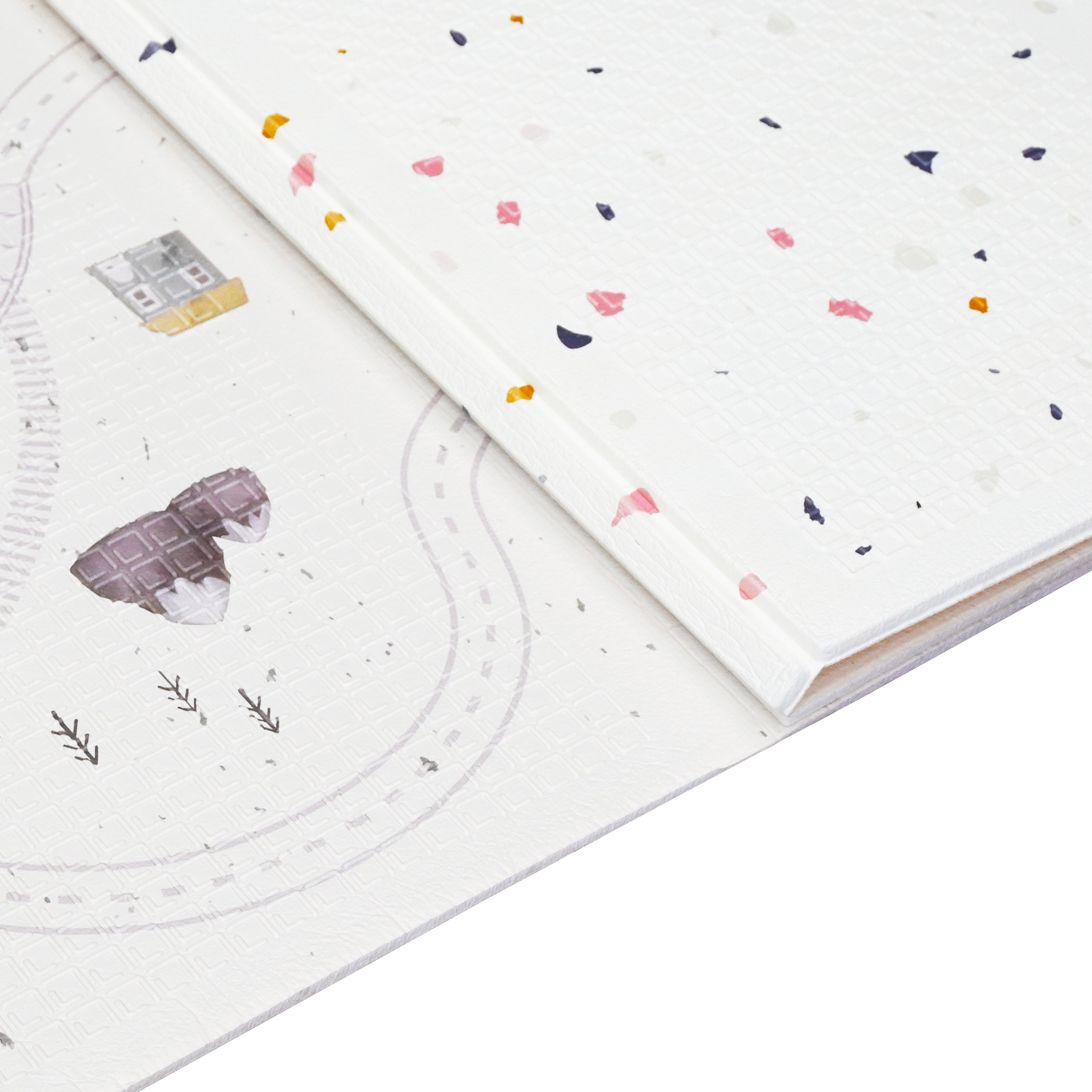 XPE Foldable Play Mat White Terrazzo + Beige Train Track